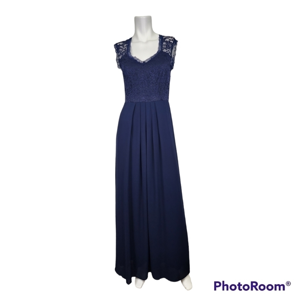 Miusol Cap Sleeve Navy Lace Bodice Formal Gown Size S